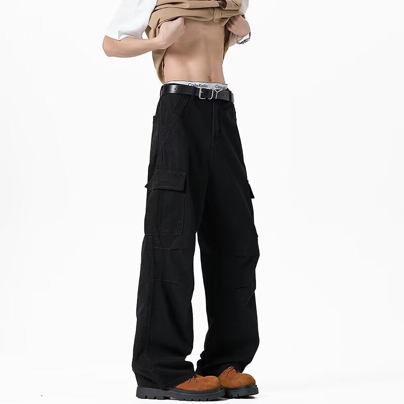 Loose Straight Leg Wide Leg Denim Pants - Multi Pocket Casual Style