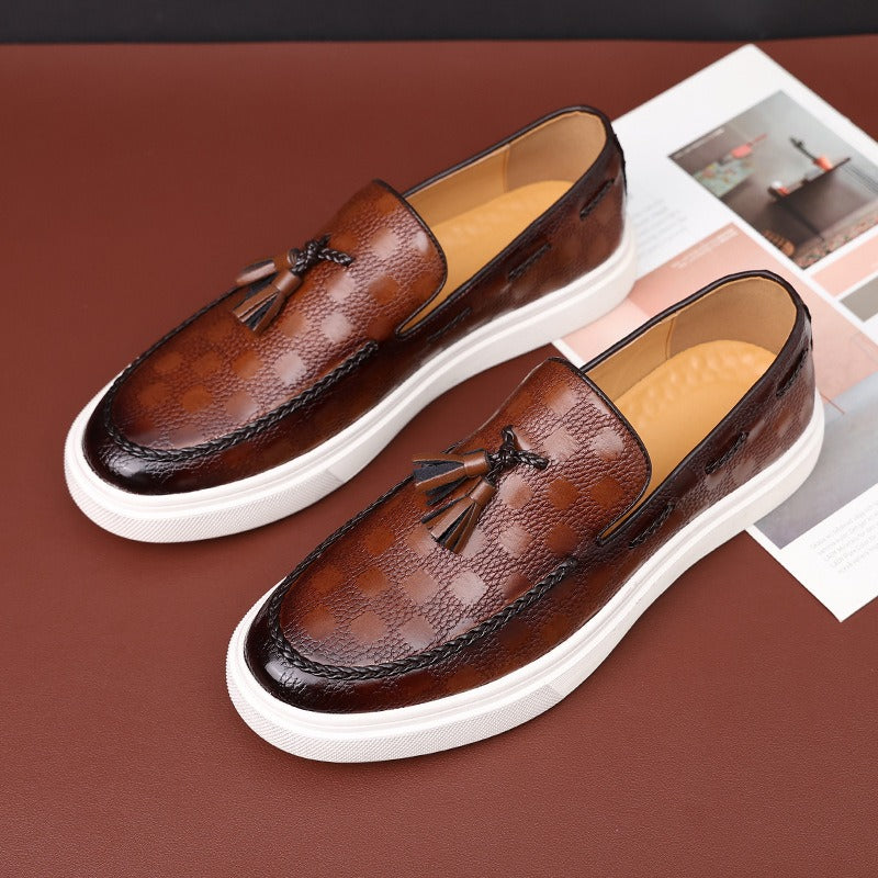 Breathable Leather Loafers with Checkered Pattern