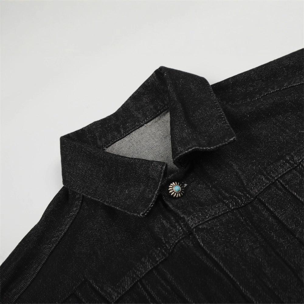 Men's Jacket - Turn-Down Collar, Pleated Splicing, Casual Loose Fit