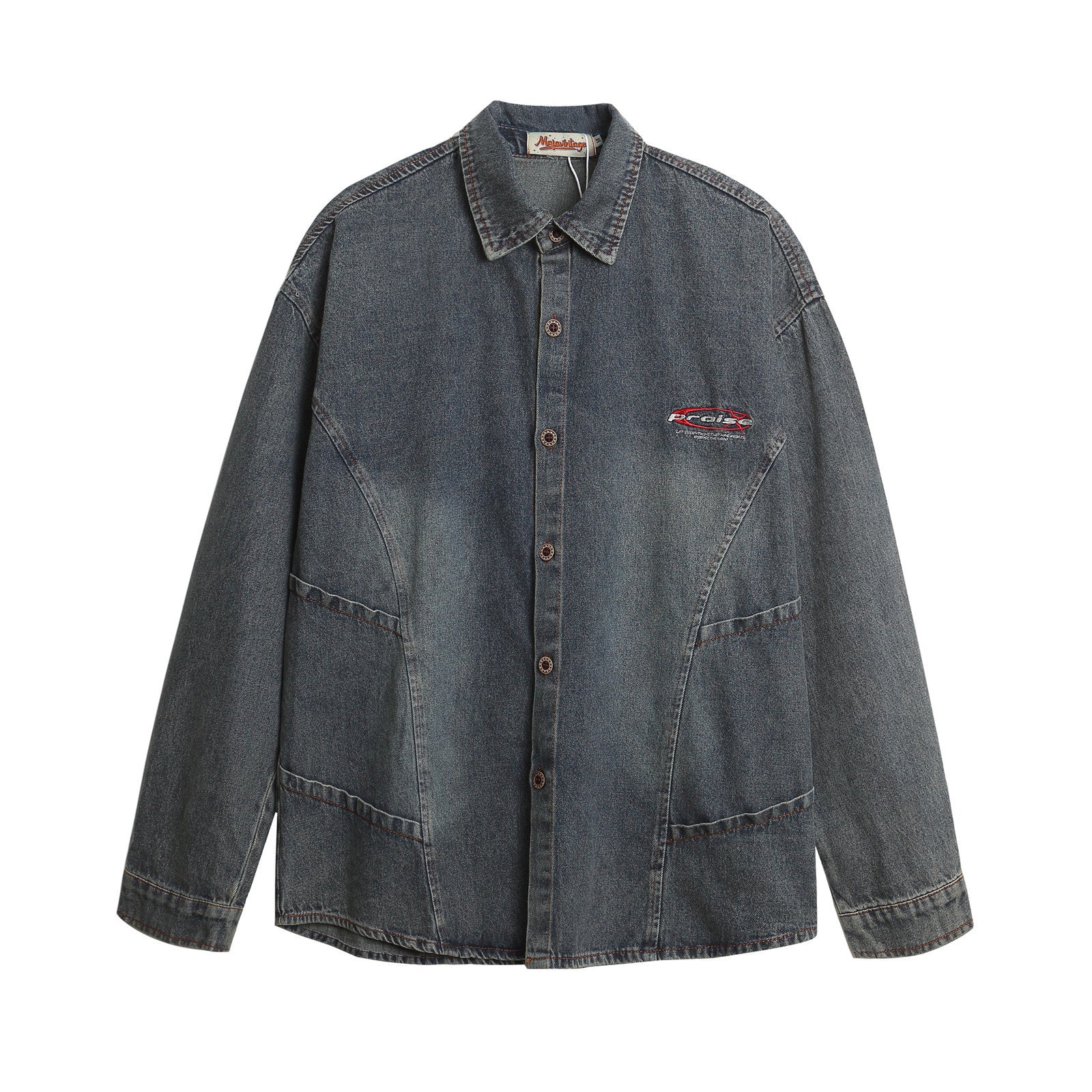 Washed Patchwork Denim Long Sleeve Shirt