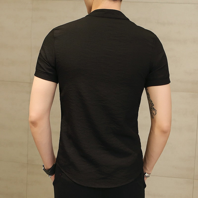 Men's Chinese Style Linen Slim Fit Casual Short Sleeve Shirt
