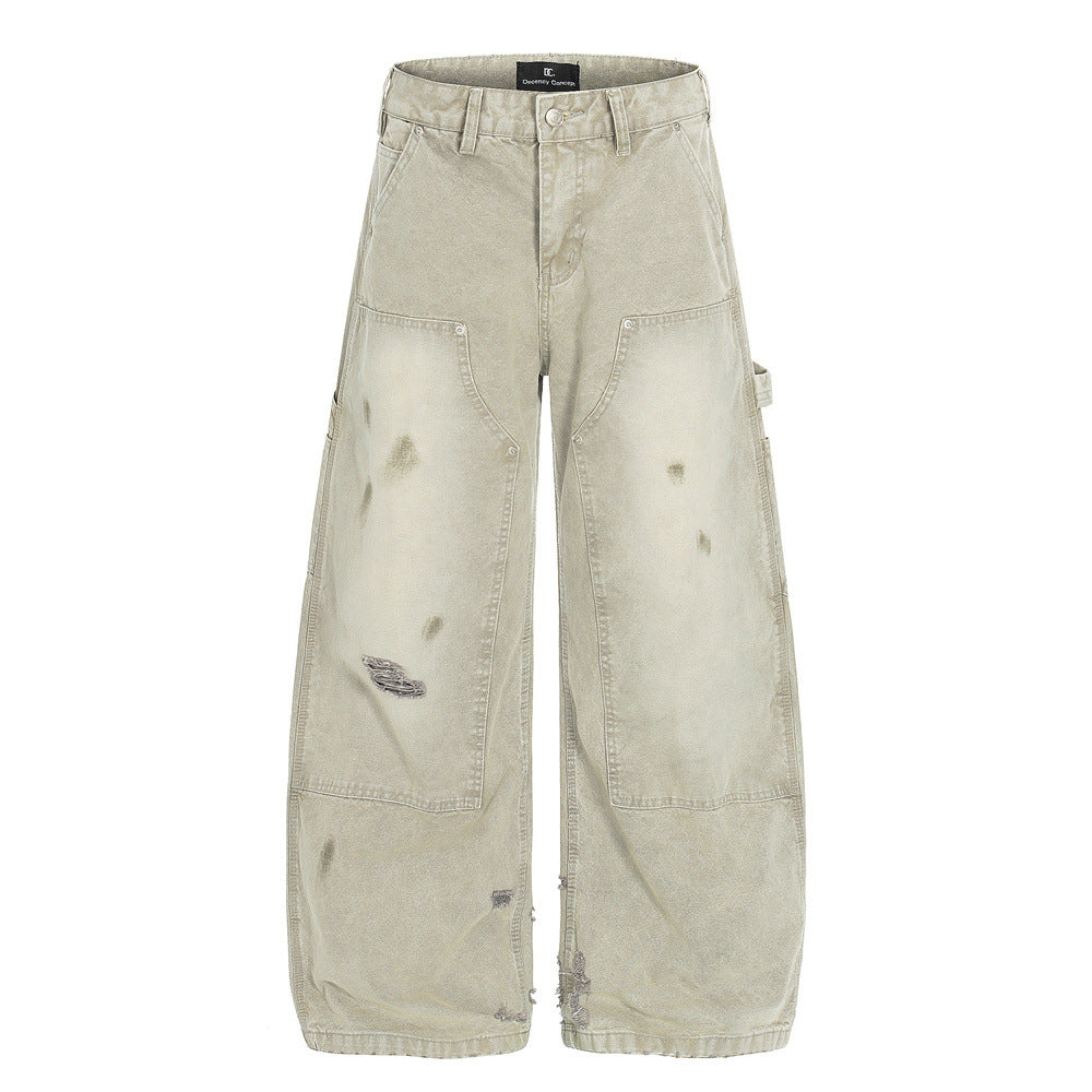 Men's Denim Pants - Distressed Design Loose Wide-Leg