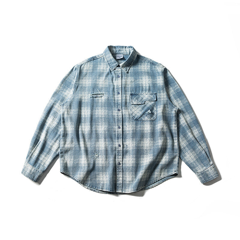 Casual Color Blocked Plaid Perforated Denim Shirt for Men