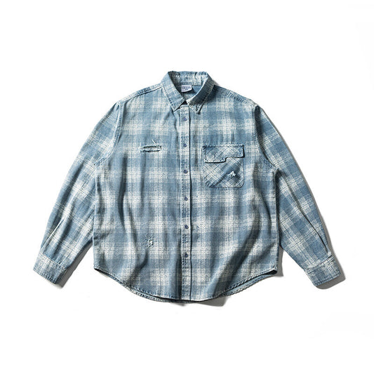 Casual Color Blocked Plaid Perforated Denim Shirt for Men