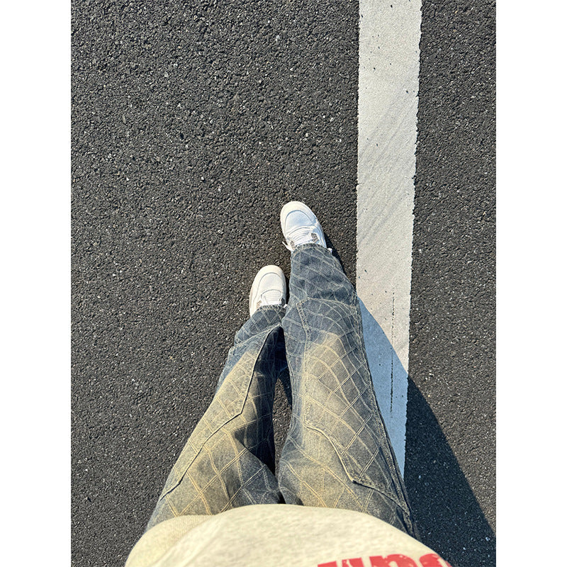 Bent Knife Denim Men's Checkered Micro Pull-Up Slimming Straight Leg Pants