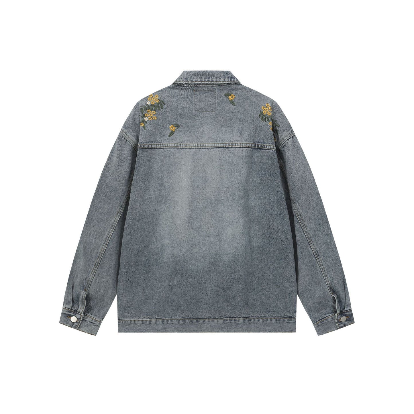 Floral Embroidery Washed Denim Jacket with Button Closure and Notched Collar