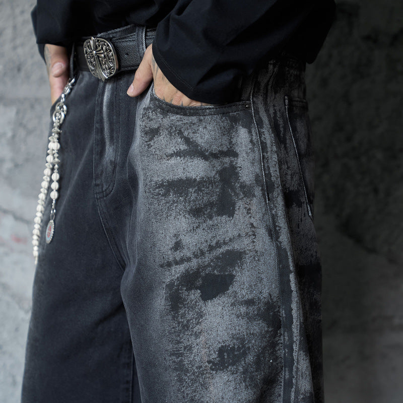 Hip-Hop Denim Pants for Men and Women, High-Quality Oversized Splatter Print Straight Leg Pants