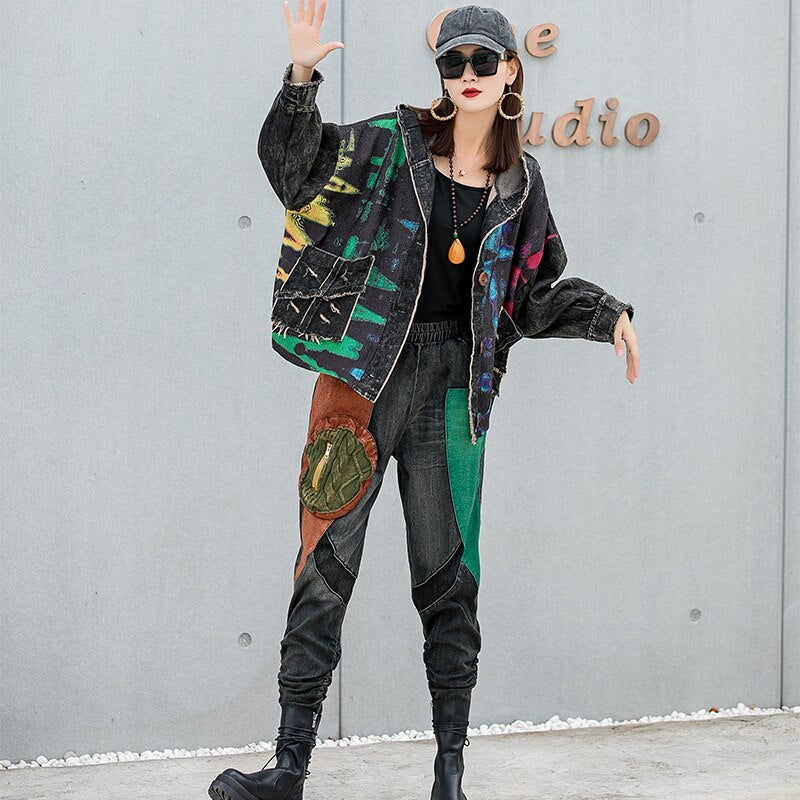 Fashion Tie-dye Print Contrast Stitching Denim Hooded Jacket