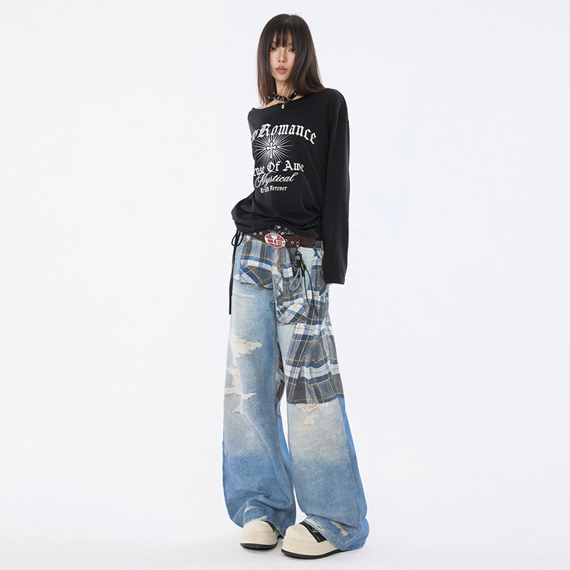 Women's Shirt Belt Printed Denim Straight Leg Trousers