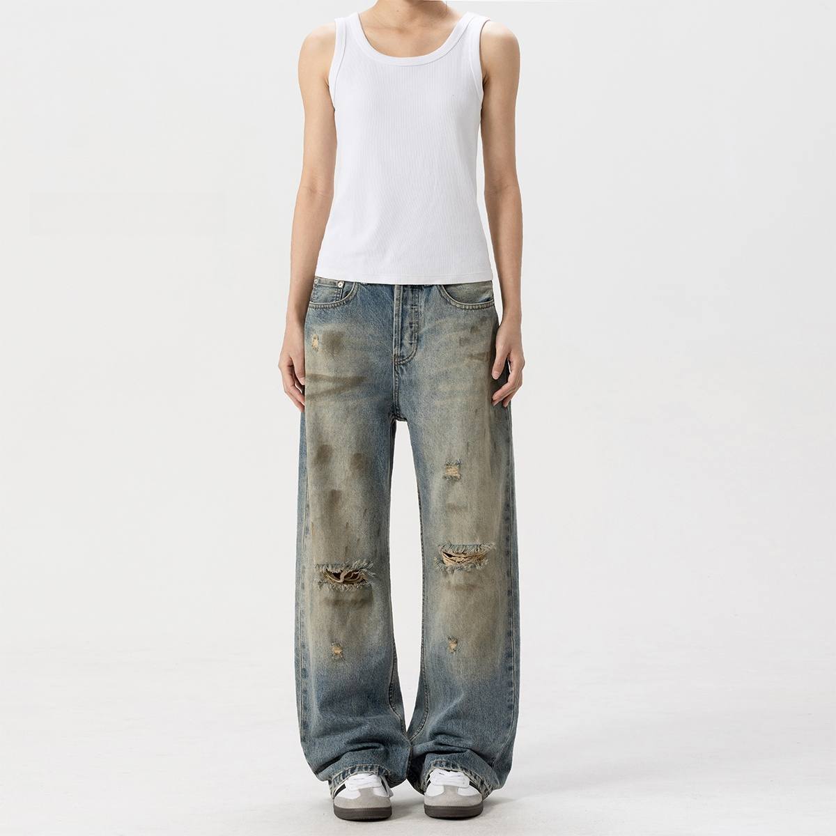 Ripped Denim Dirty Dyed Vintage Distressed Pants