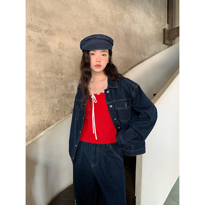 Vintage Hong Kong Style Single Breasted Denim Jacket for Women