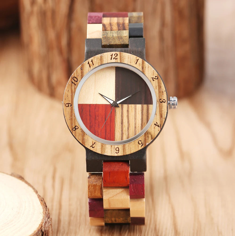 Vintage Wooden Dial Quartz Watch with Colorful Wooden Bangle Band