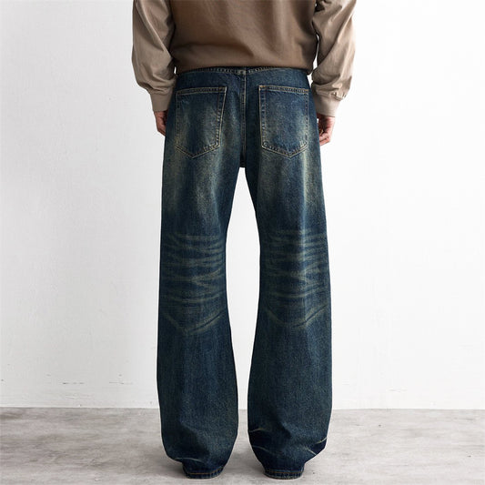 Vintage Blue Washed Straight-Fit Denim Jeans for Men