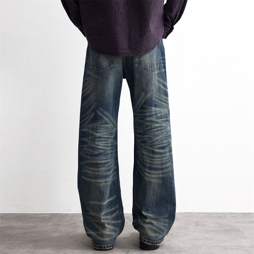 Men's Used Washed Loose-Fit Denim Jeans — Punk Zipper Fly Mid-Waist Blue