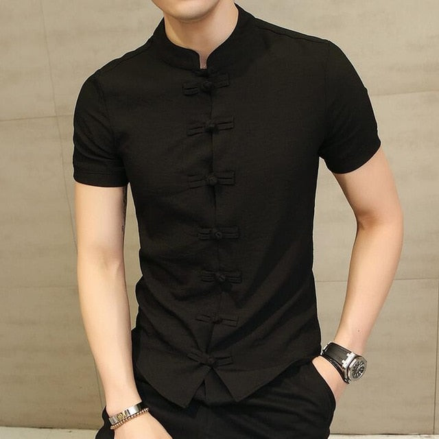 Men's Chinese Style Linen Slim Fit Casual Short Sleeve Shirt