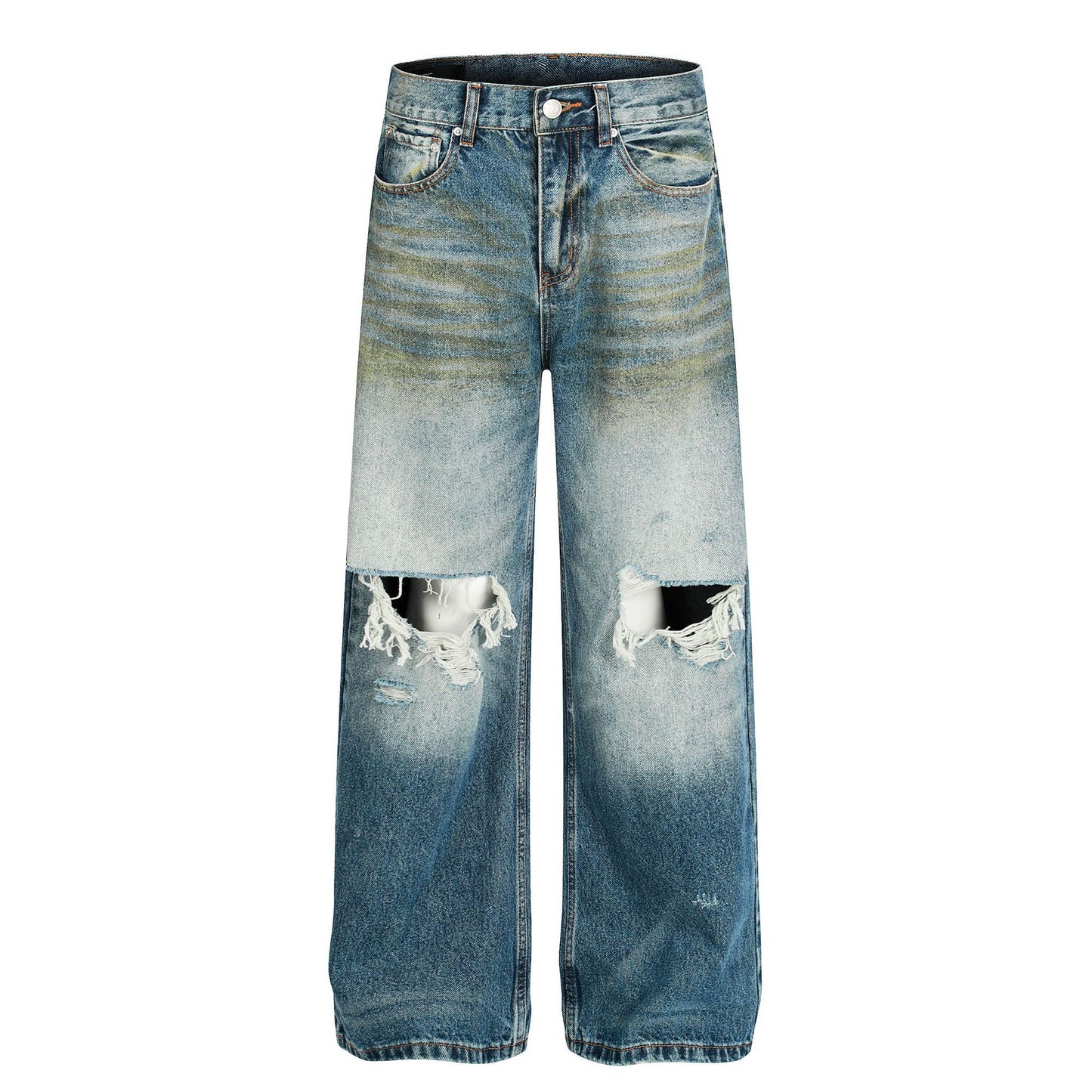 Personalized Washed Ripped Denim Straight Leg Long Pants
