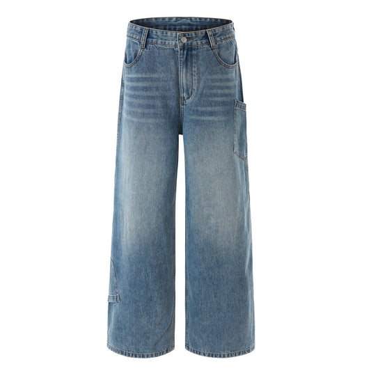 Street Men's Jeans, Patchwork Multi-Pocket Cargo Style, Trendy Loose Fit, Versatile Casual Pants