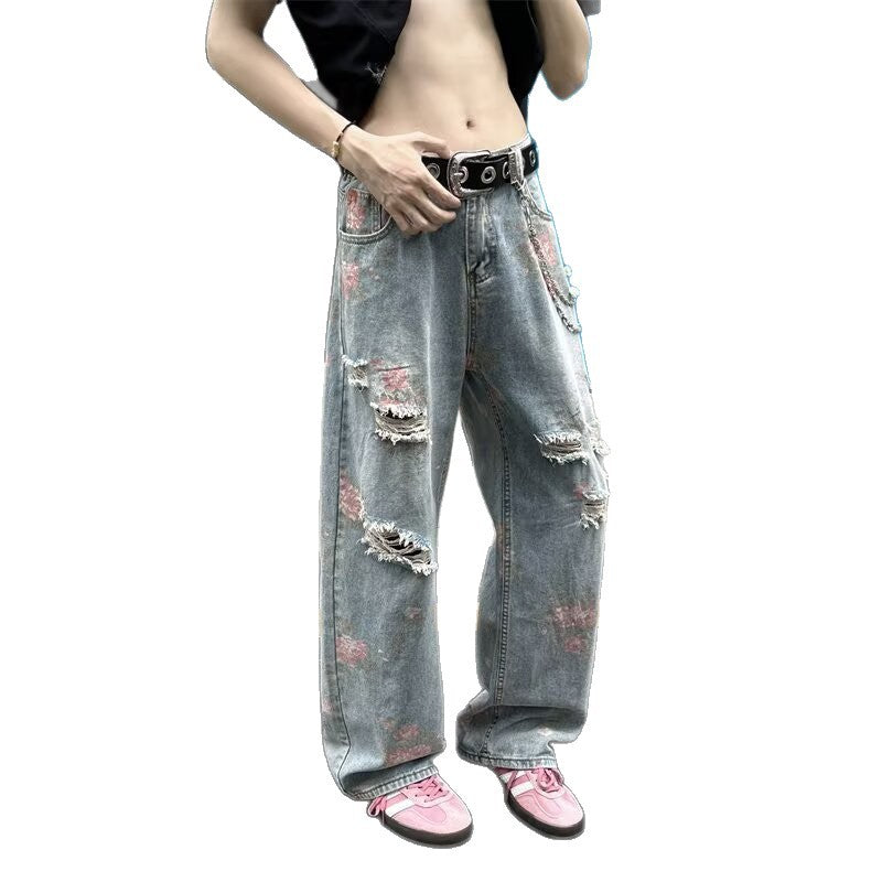 Flower Hole Cowboy Rose Full Print Straight Pants