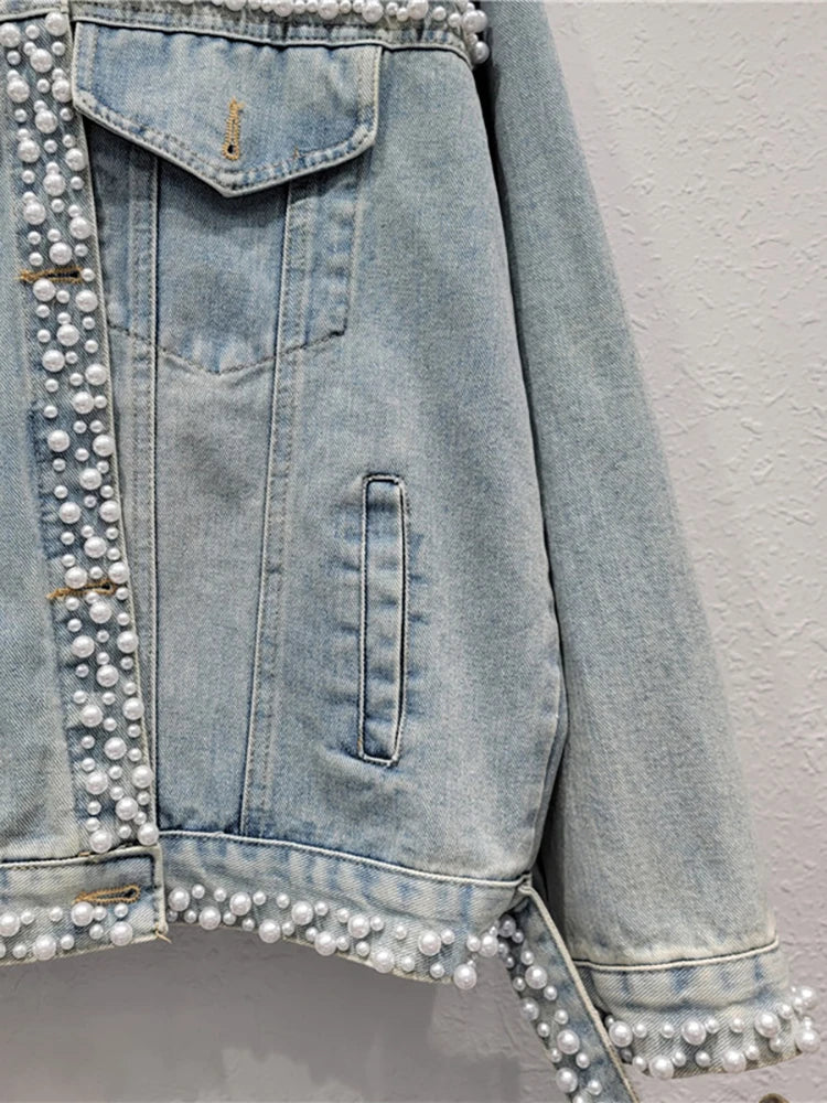 Women's Light Blue Denim Jacket with Pearl Embroidery and Flares