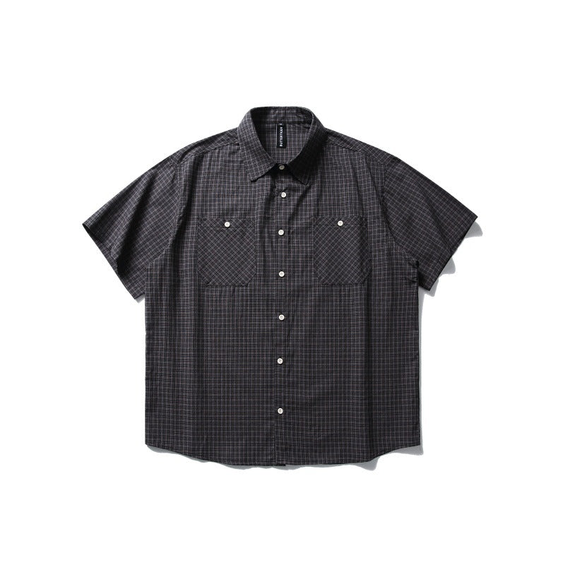 Double Patch Pocket Design Checkered Loose Short Sleeved Shirt