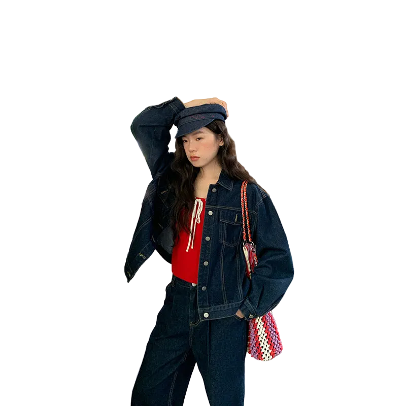 Vintage Hong Kong Style Single Breasted Denim Jacket for Women