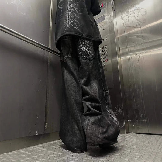 Denim Pants with Dark Line Design -  Wide Leg Trousers