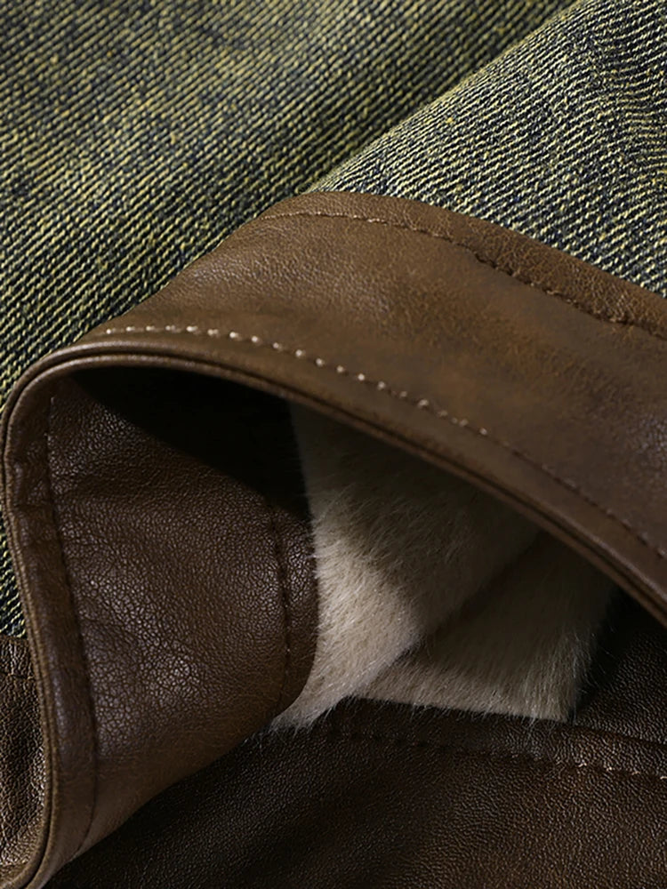 Women's Vintage Denim Biker Jacket with PU Leather Patchwork