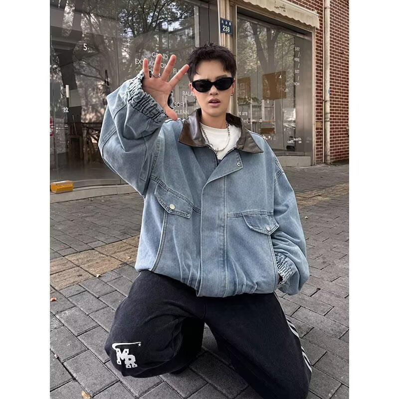 High Street Silhouette Washed Denim Color Blocked Lapel Jacket