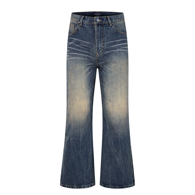 Washed Cat-Whisker Yellow Mud-Dyed Knife-Edge Jeans - Women’s Cleanfit Ripped Flared Pants