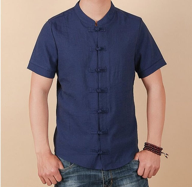 Men's Chinese Style Linen Slim Fit Casual Short Sleeve Shirt