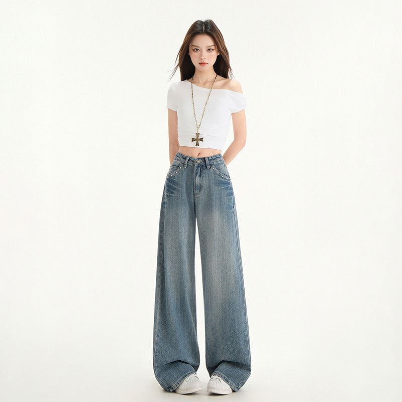 Women's Wide-Leg Niche Water-Washed Floor-Length Straight Pants