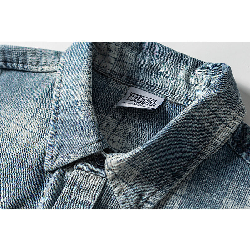 Casual Color Blocked Plaid Perforated Denim Shirt for Men