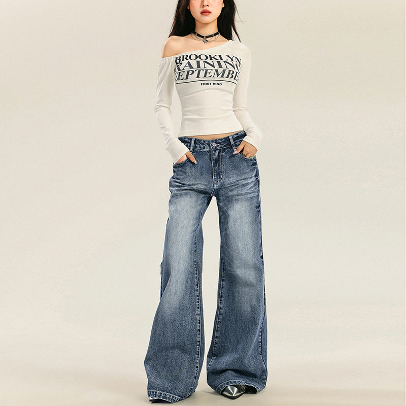 Vintage Light Wash Denim Trousers for Women - Low Waist, Slimming Fit
