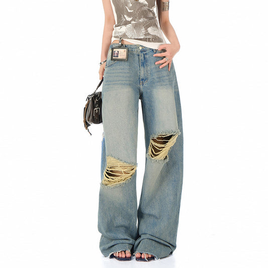 Women's Blue Distressed Straight Jeans - High Waist Loose Wide Leg Pants