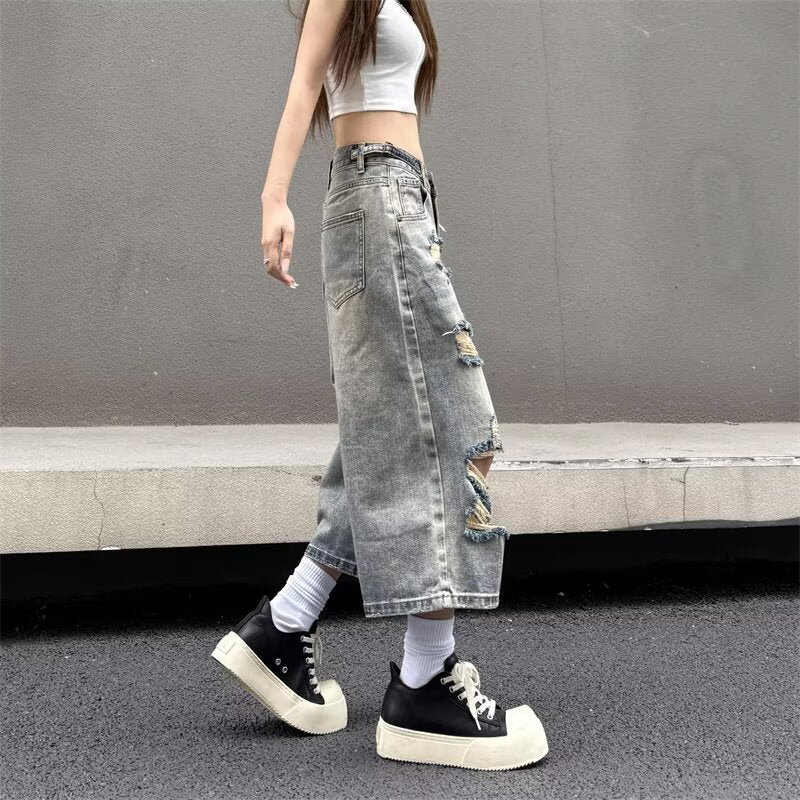 Light Colored Perforated Straight Leg Denim Cropped Pants for Women