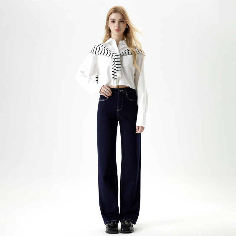 Women's Blue Wide-leg High-waisted Slimming Straight Leg Nine-point Jeans