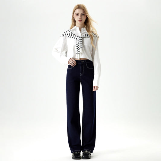 Women's Blue Wide-leg High-waisted Slimming Straight Leg Nine-point Jeans