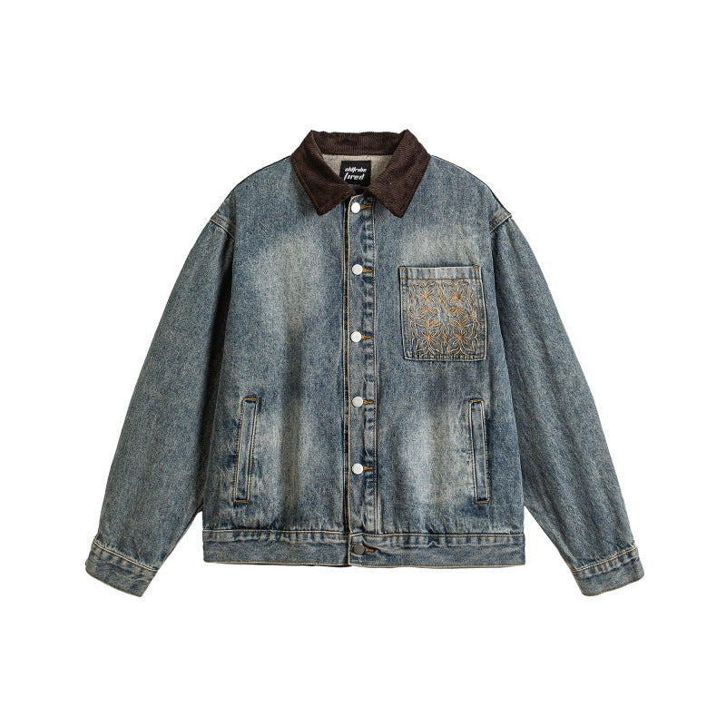 Patchwork Embroidered Washed Distressed Collar Denim Jacket