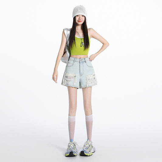 Light Blue Distressed Lace Denim Shorts for Women - High Waist Slim Wide Leg A-Line Hot Pants