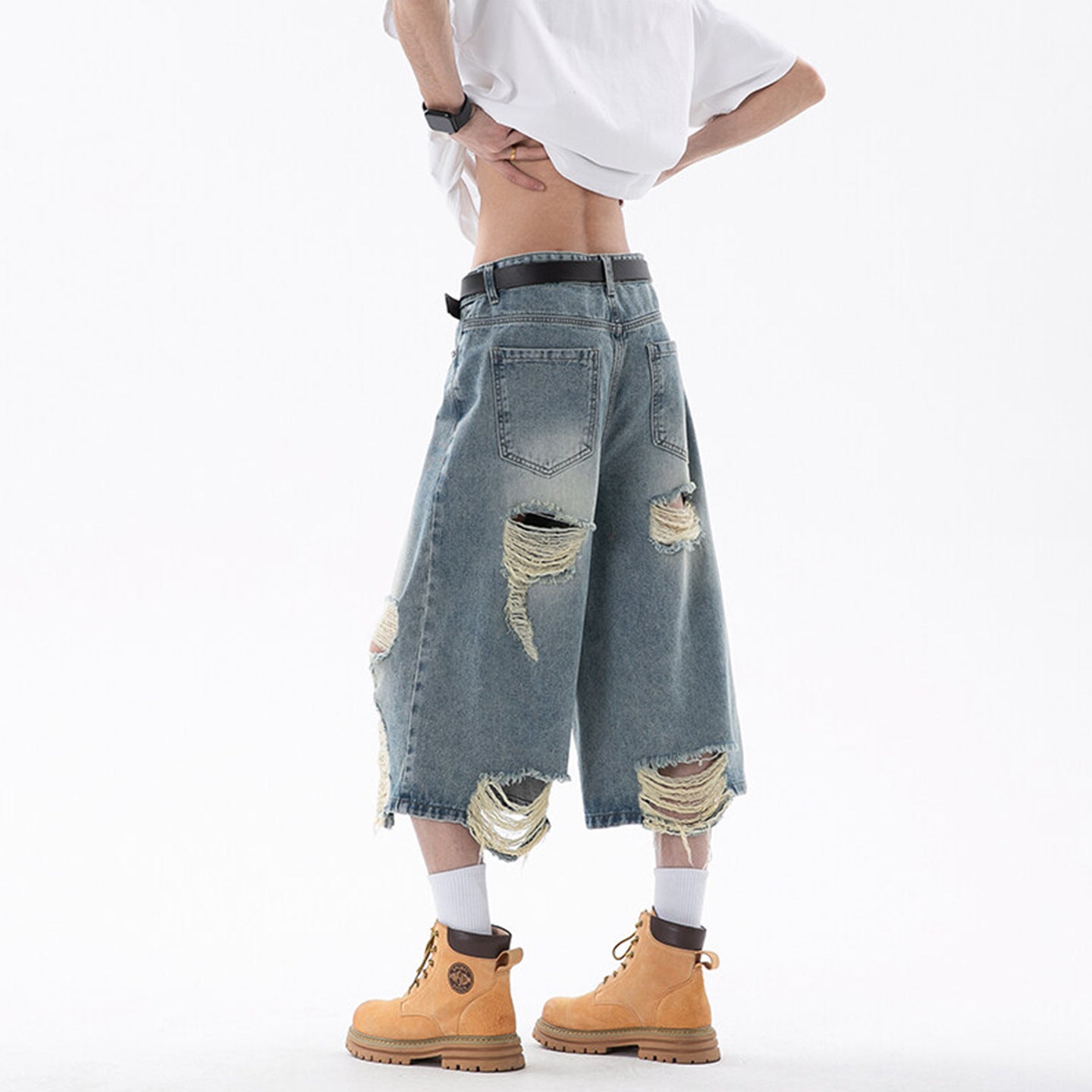 Men's Ripped Denim Cropped Pants - Summer Lightweight Design