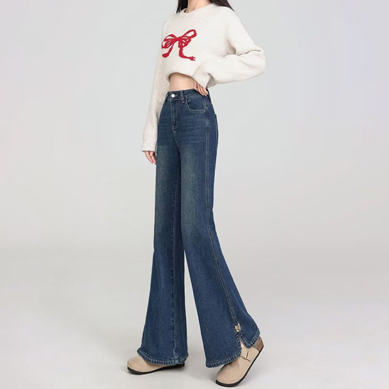High Street Slit Flared Jeans for Women - High Waist Slim  Style Denim Pants