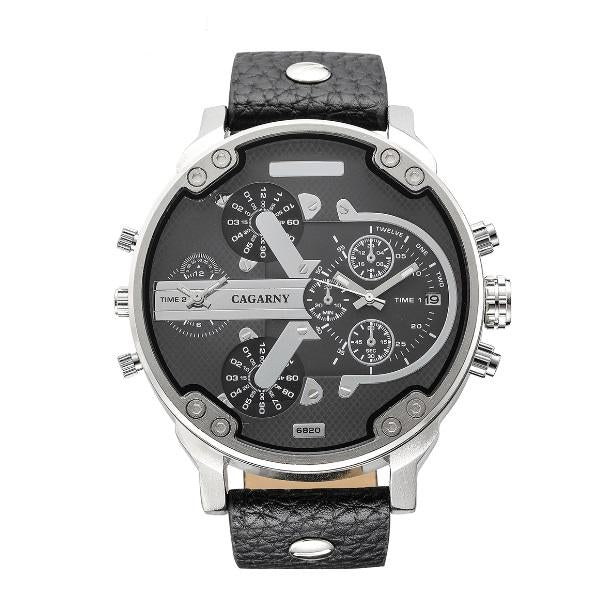 Men's Leather Quartz Watch with Date & Dual Time