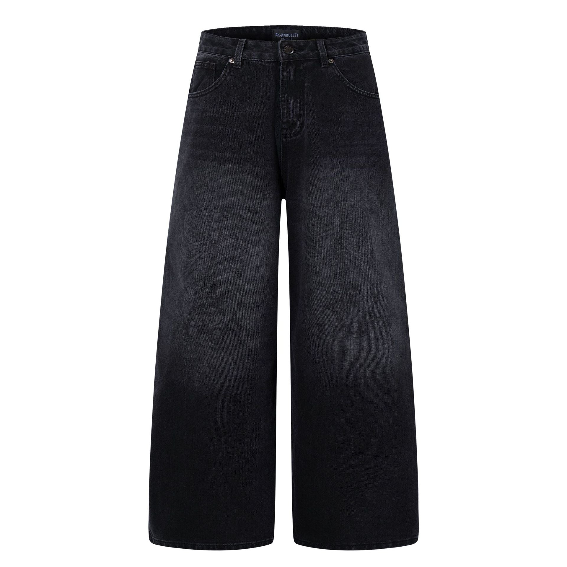 Skeleton Print Washed Denim Jeans Wide Leg Pants