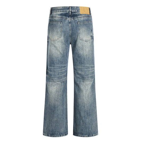 Washed Blue Mid-Rise Straight-Leg Denim Jeans — Street Style