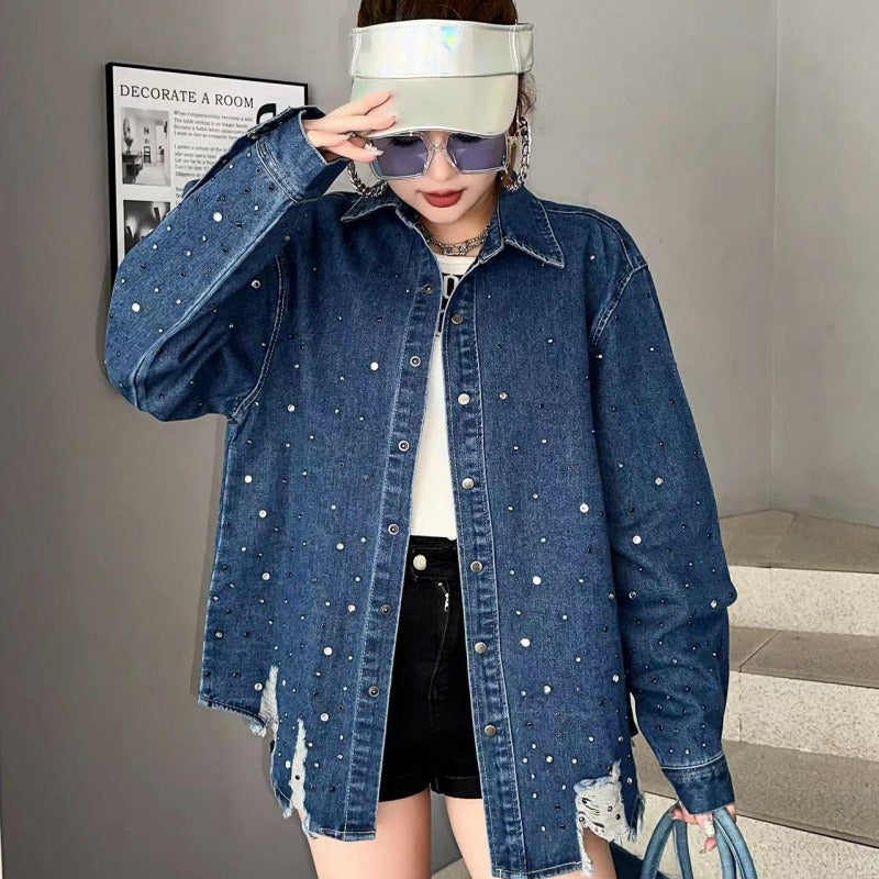 Heavy Industry Hot Diamond Denim Jacket for Women - Washed Retro Loose Top