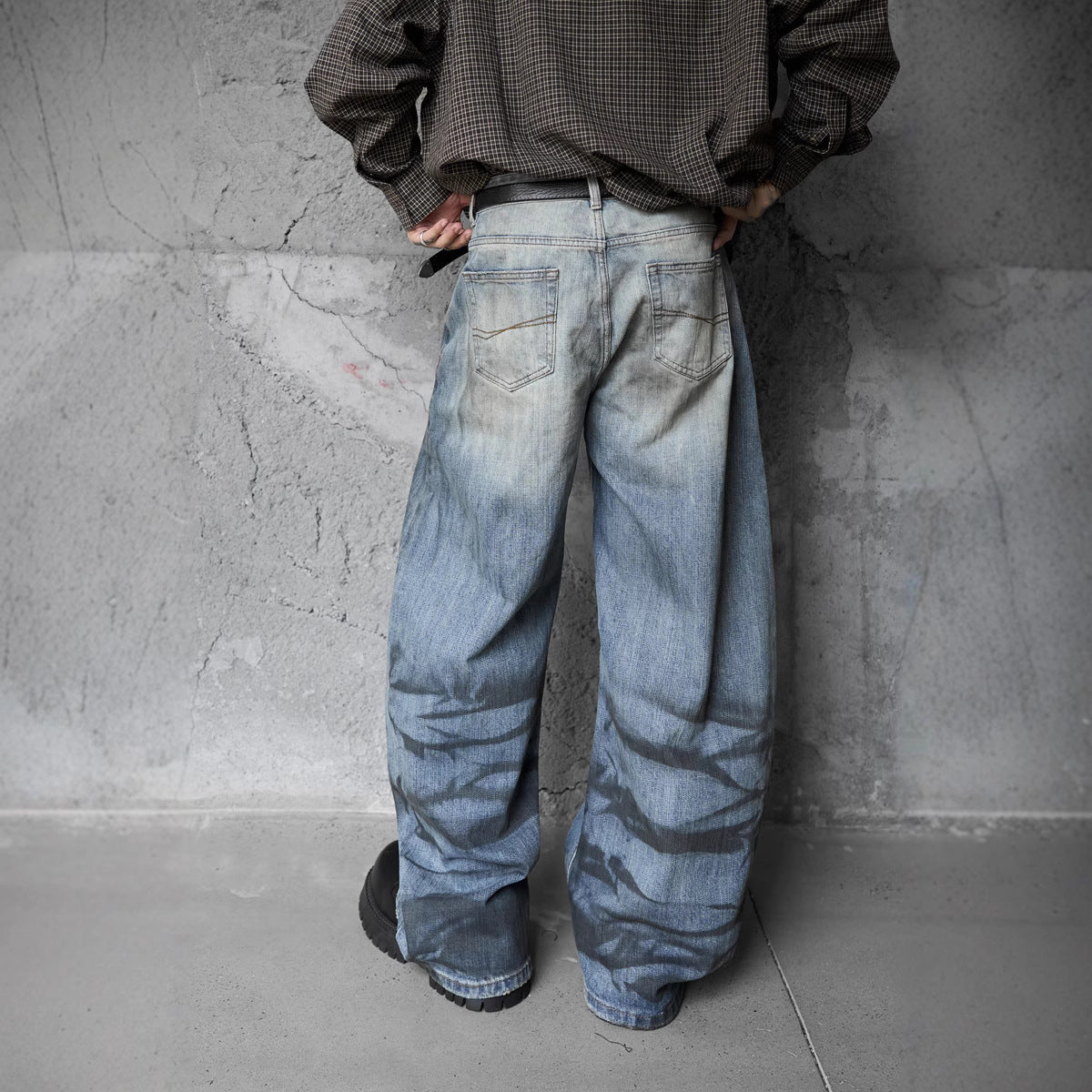 Vintage Distressed Washed Knife-Edge Denim Pants