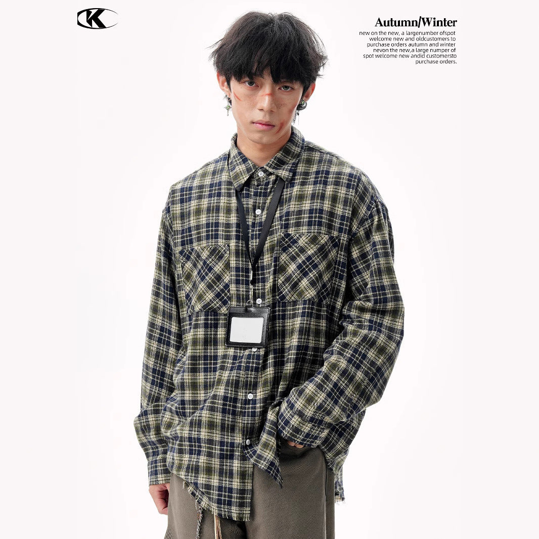 Blue Green Plaid Long Sleeve Turn-Down Collar Shirt