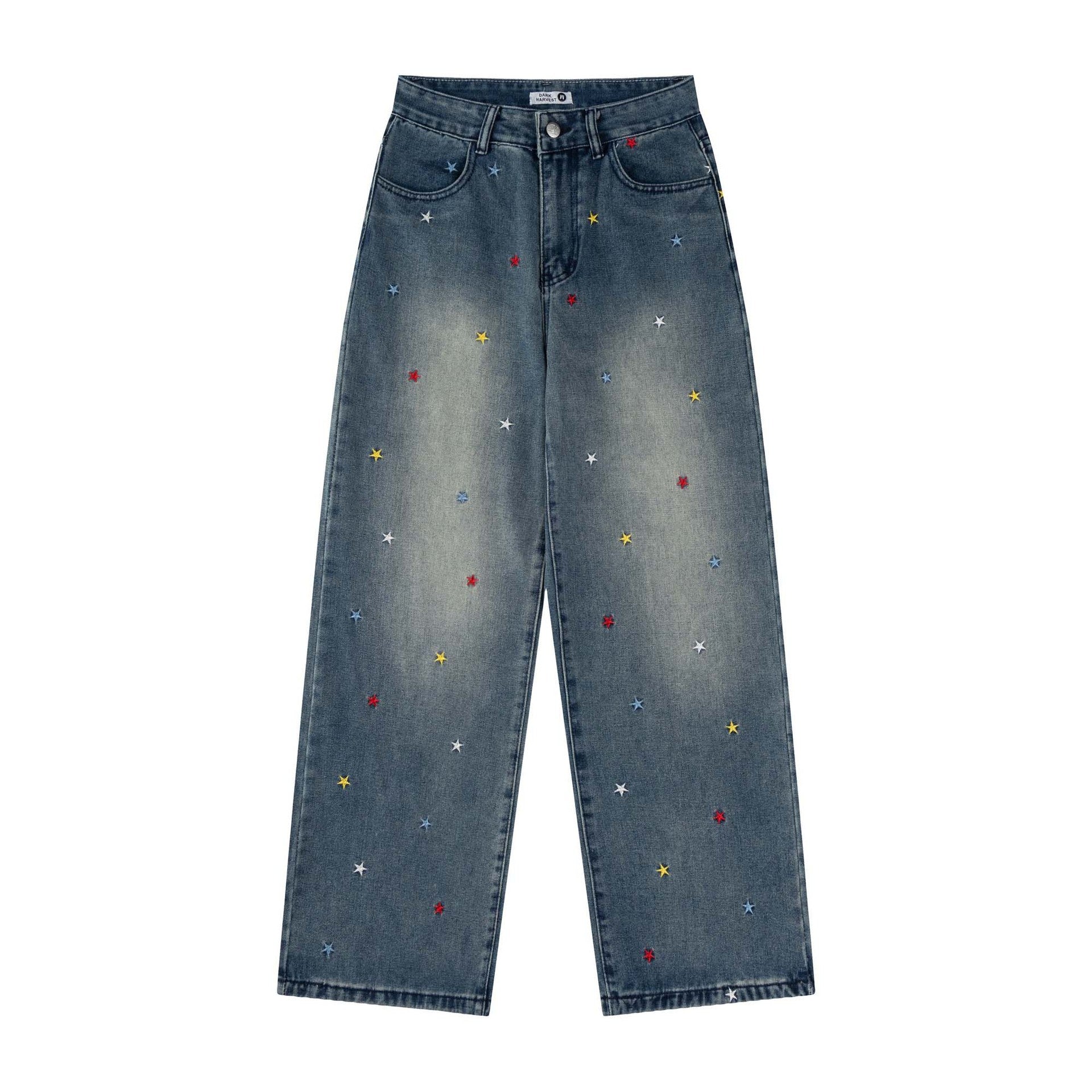 Retro Washed Star Letter Embroidered Denim Pants for Unisex