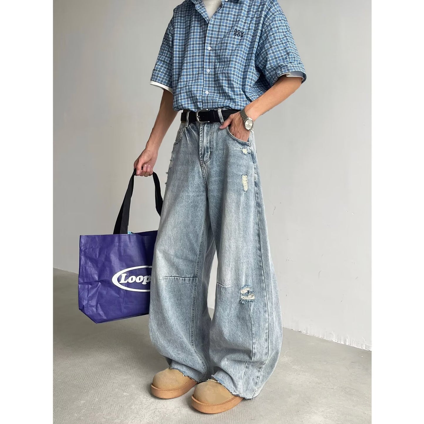 Ripped Denim Loose and Slimming Versatile Wide Leg Pants with Frayed Edges