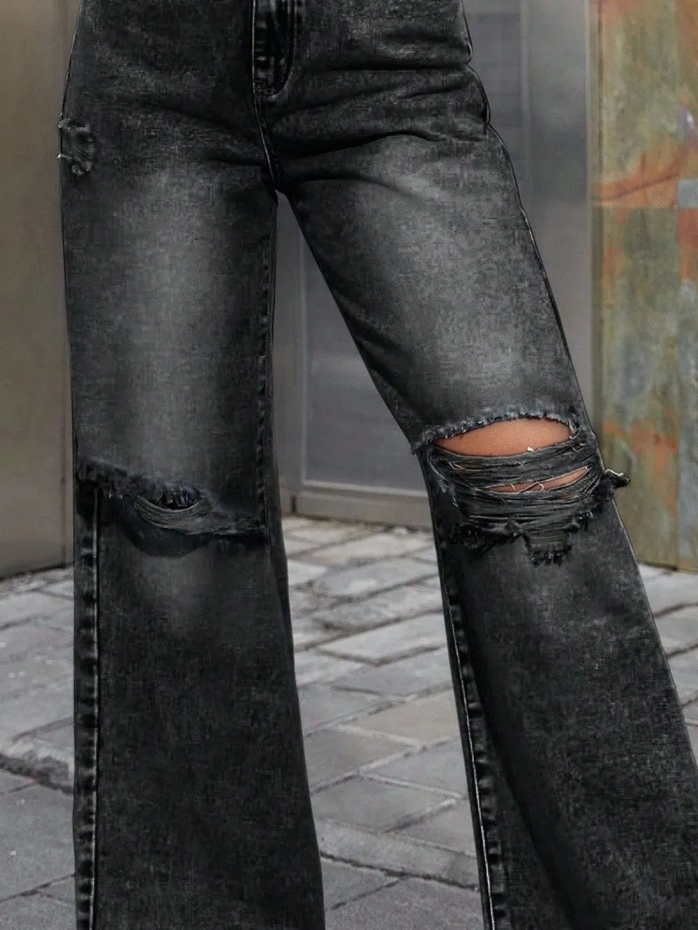 Distressed Wide Leg Jeans with Pockets in Premium Japanese Denim